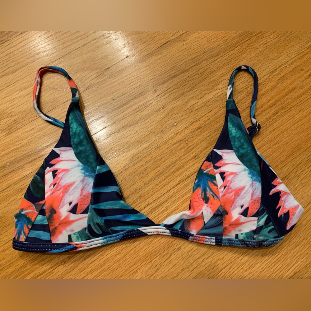 Green Blue Pink Tropical Flower Bikini Top Size Small